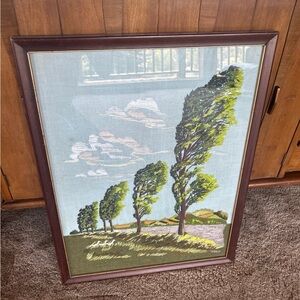 Framed Landscape trees retro vintage Embroidery Art